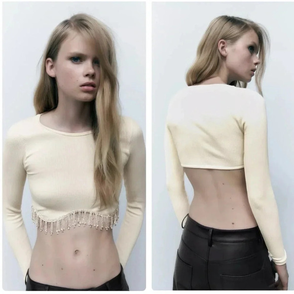ZARA | Seamless Crop Top With Rhinestones in Oyster White Size L - Picture 1 of 13